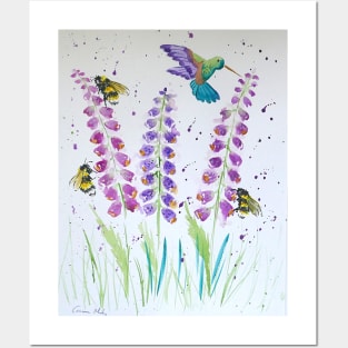 Hummingbird, bumble bee and foxglove Posters and Art